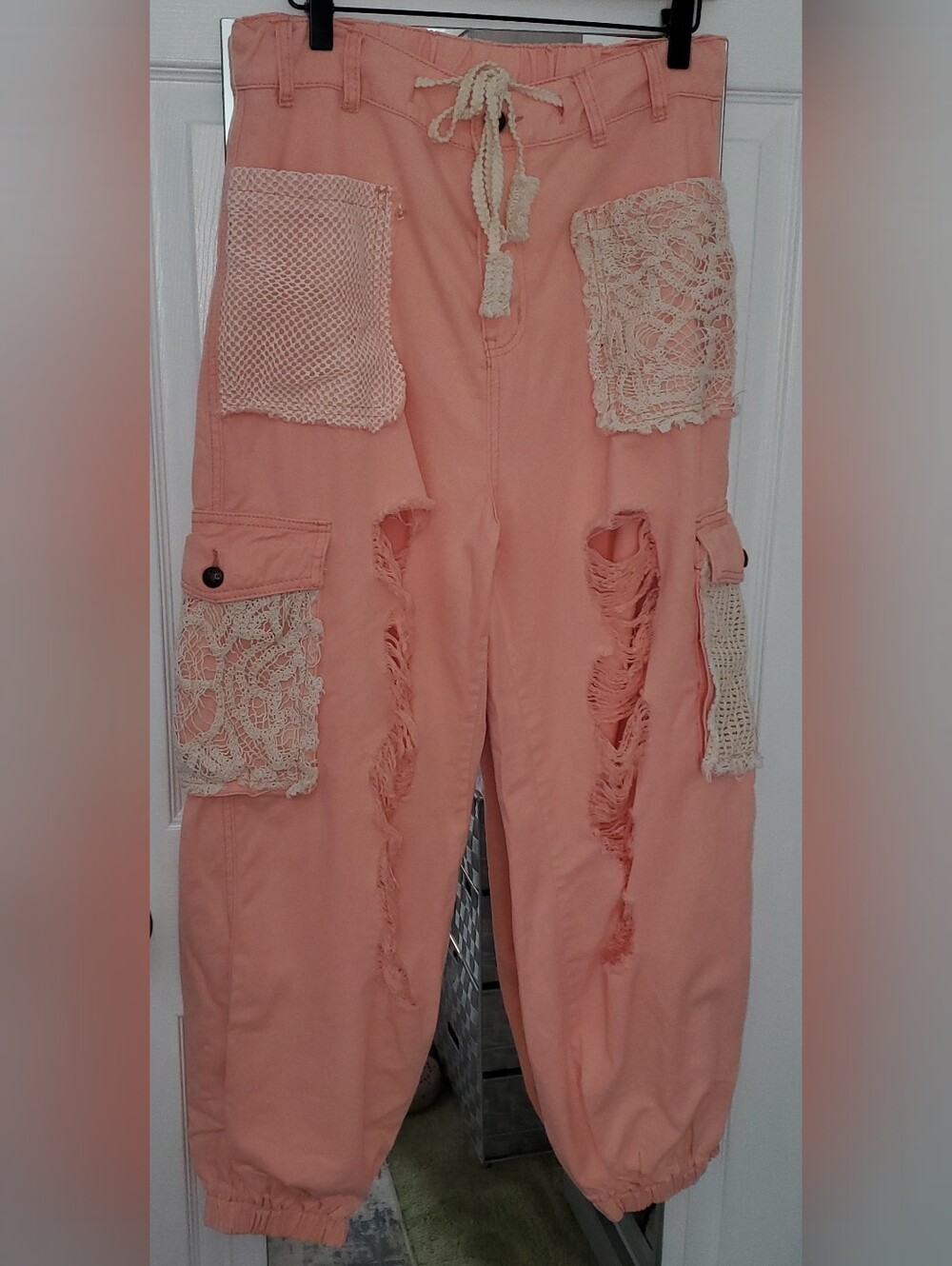 POL Peach Drawstring Cargo Pants with Crochet And Distressed Details